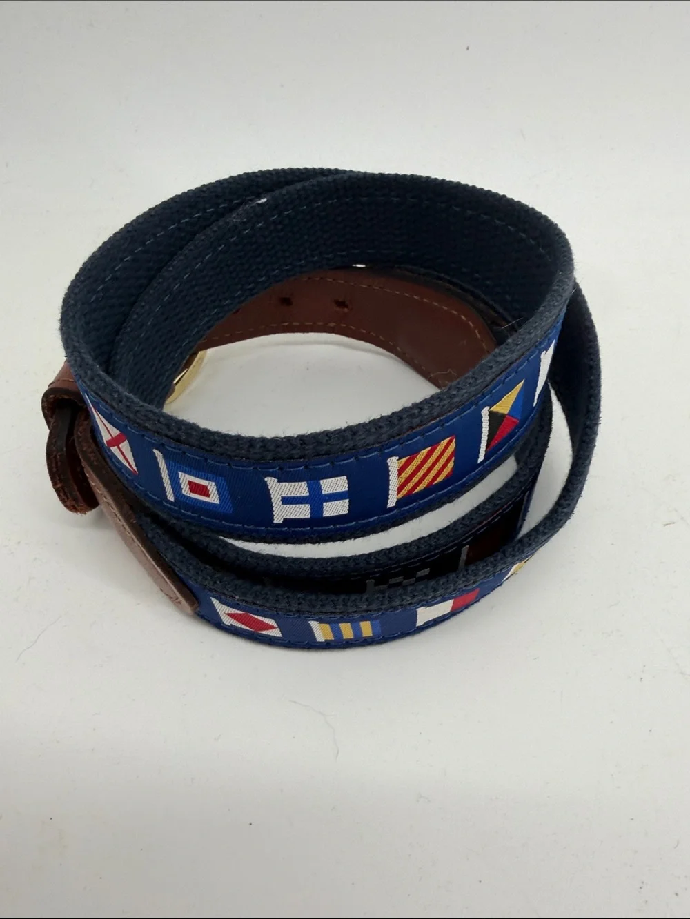 Leather webbing nautical flag preppy belt sz 40
